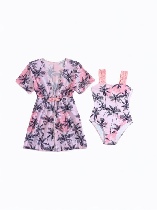 Pink palm tree dress cover with one piece girl swimsuit