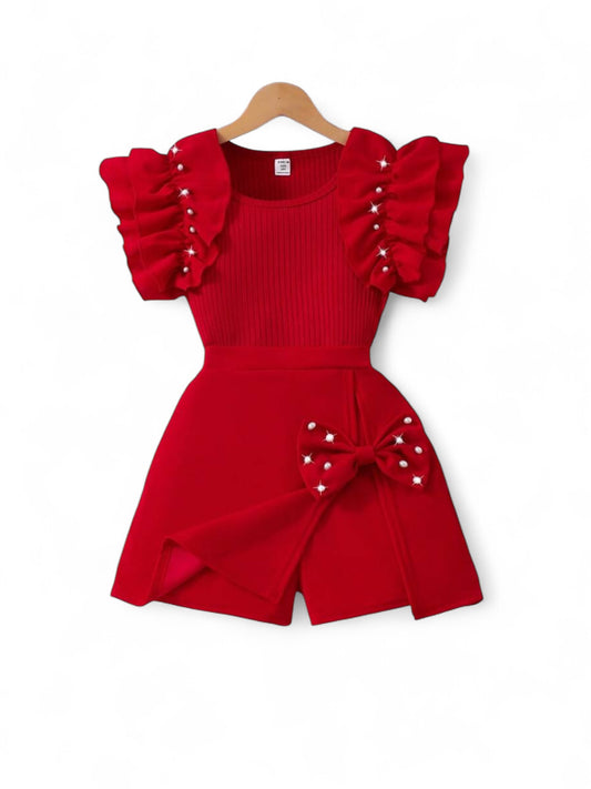 Red girls frill romper with pearls