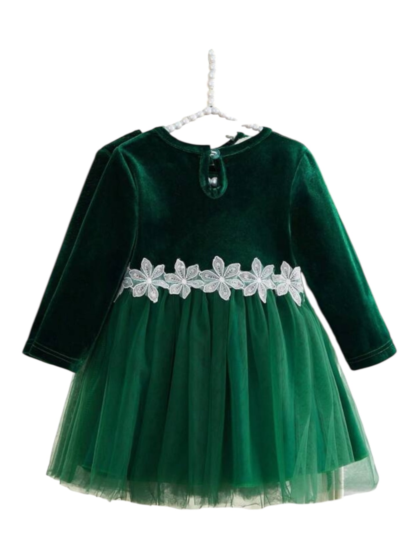Green velvet with white lace band baby dress