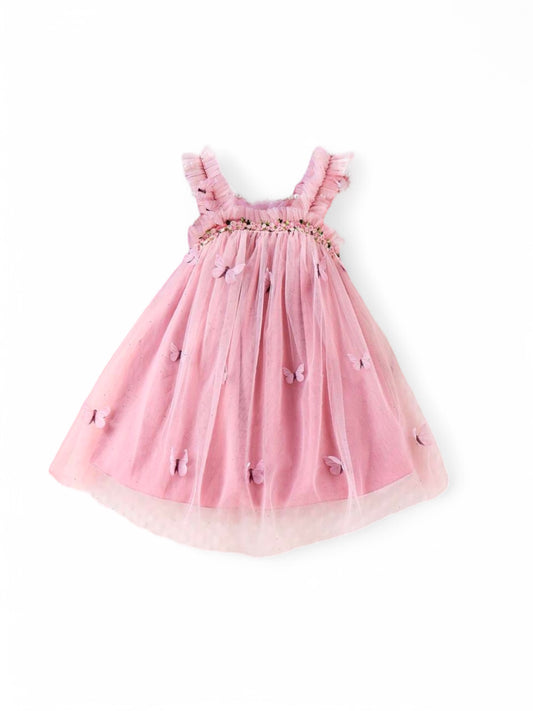 Pink butterfly with floral embroidery girl dress