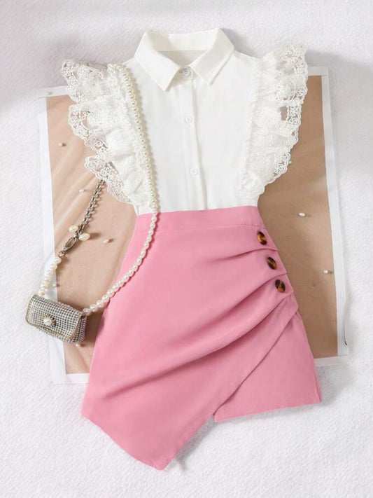 Pink & white girls set pink skirt with white frill top