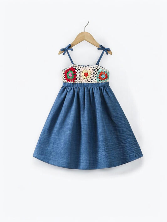 Blue with boho embroidery girl dress