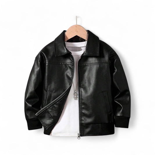 Pre teen black leather boy jacket