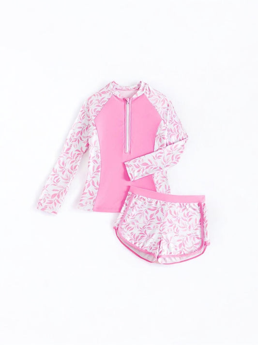 Pink leafy print with white long sleeve girl swimsuit