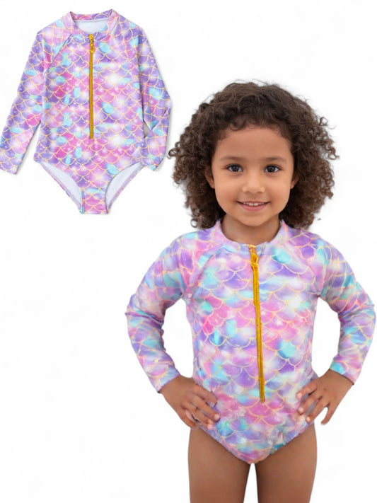Mermaid scale print  with gold zip girl swimsuit