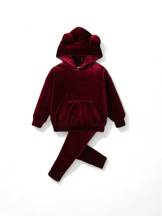 Burgundy ears on Hoodie girl set