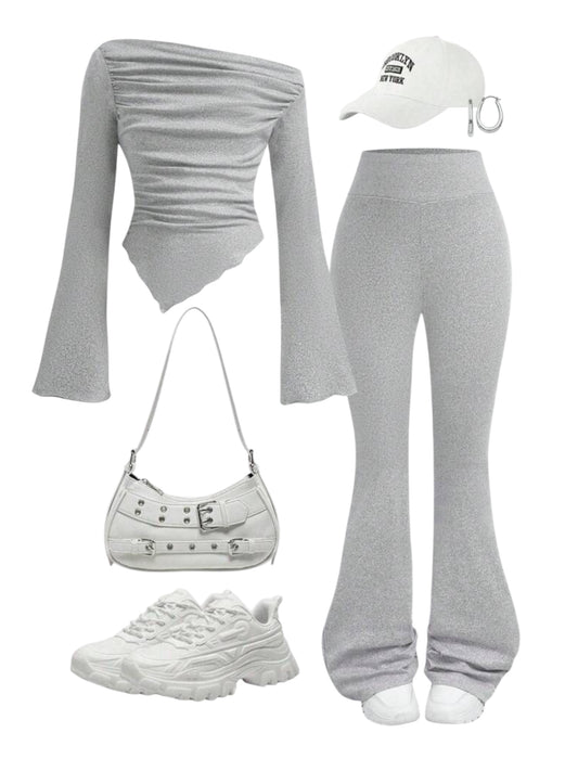 Grey long sleeve shirt with long pants girls set