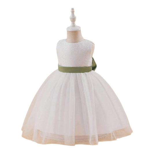 Baby white dress with green bow