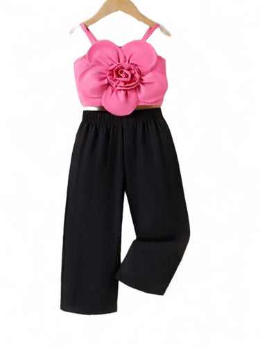 2pc pink flower and long black pants girl set