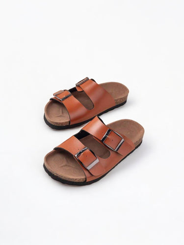 Tan brown  Double buckled boy sandals slides