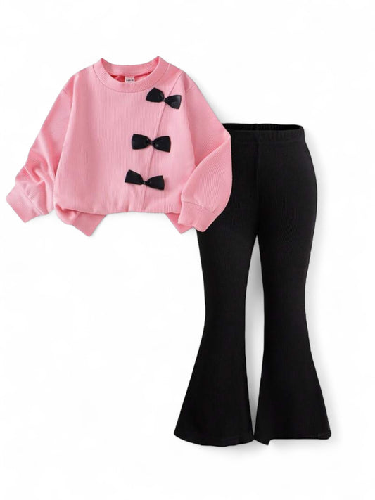 Pink sweater top with black long pants girls set