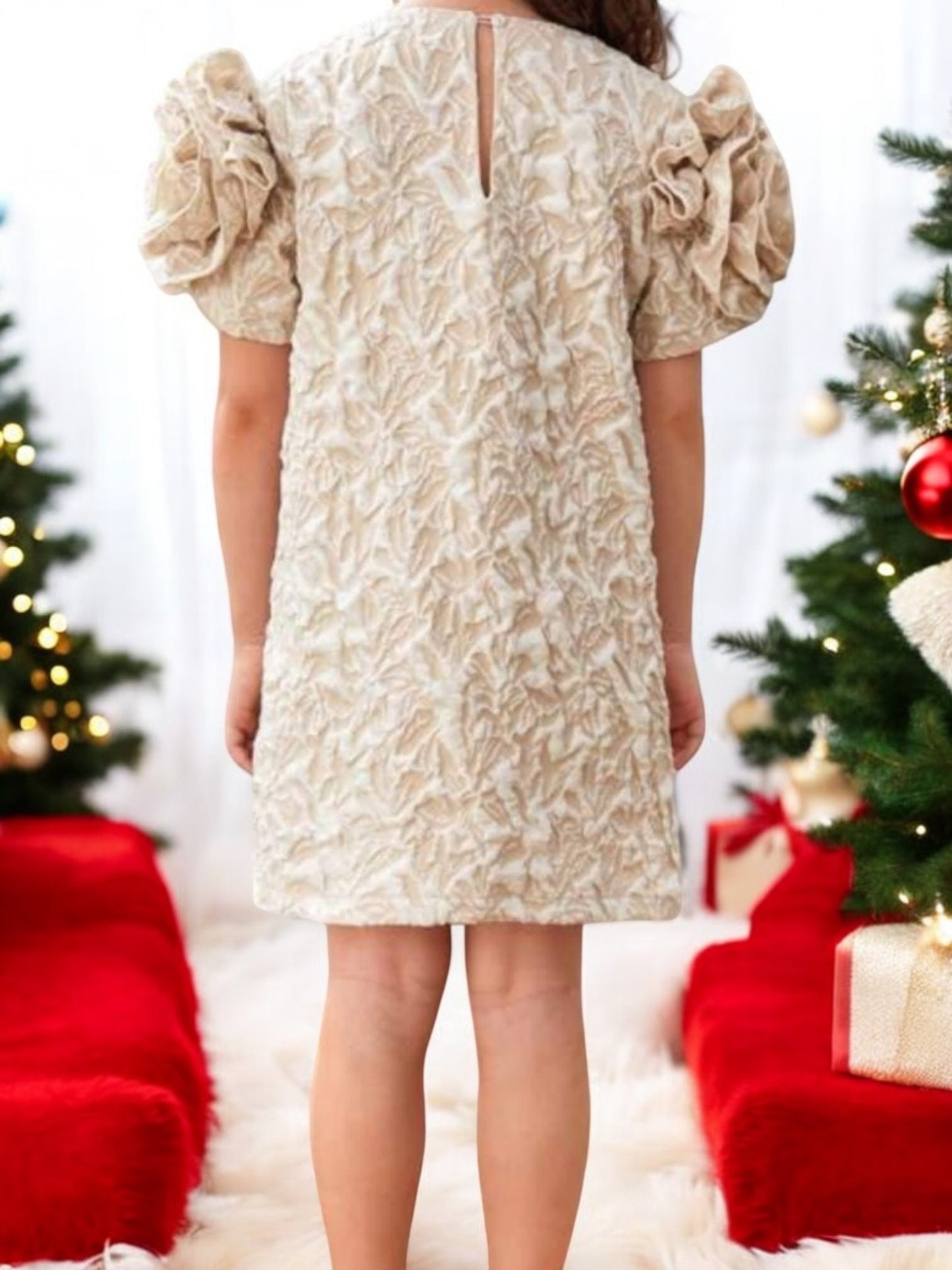 Gold with flowers shoulders girl formal dress