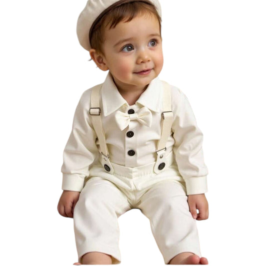 White 4pc suspender formal baby set