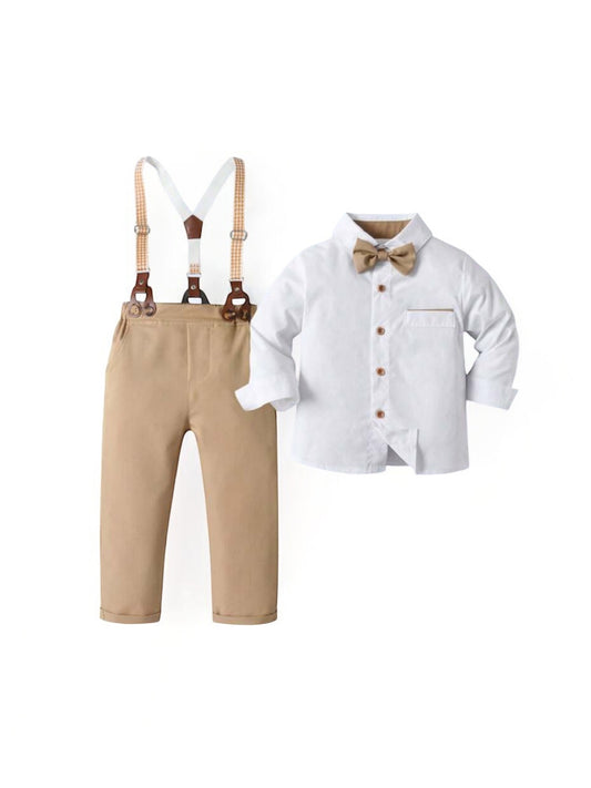 Khaki & white with suspenders and bow tie 4pc boy formal set Christmas