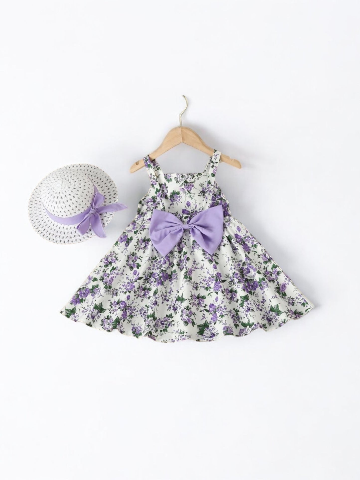 Easter Purple floral with bow to the back hat &  girl dress