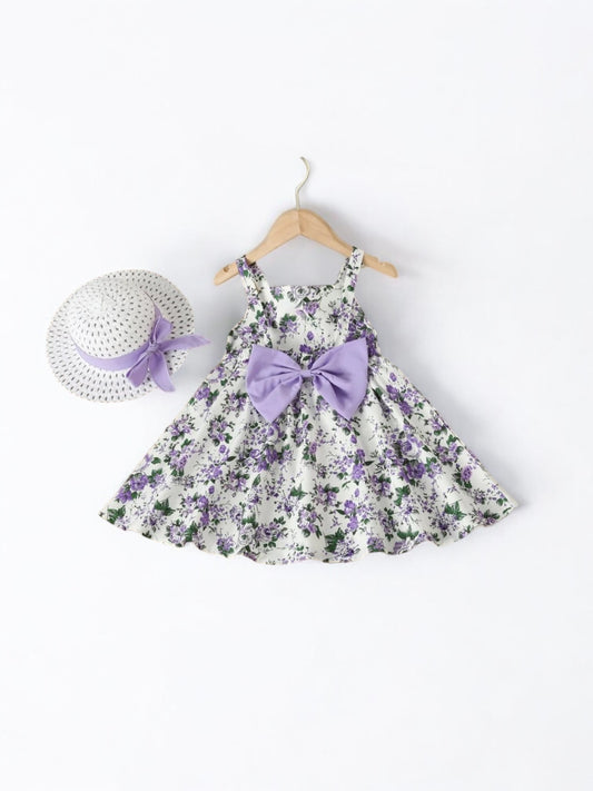 Easter Purple floral with bow to the back hat &  girl dress