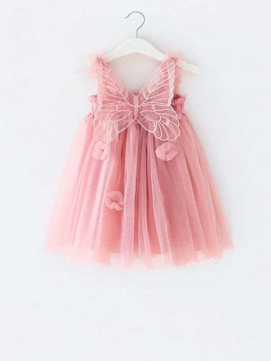 Pink butterfly mesh girl dress