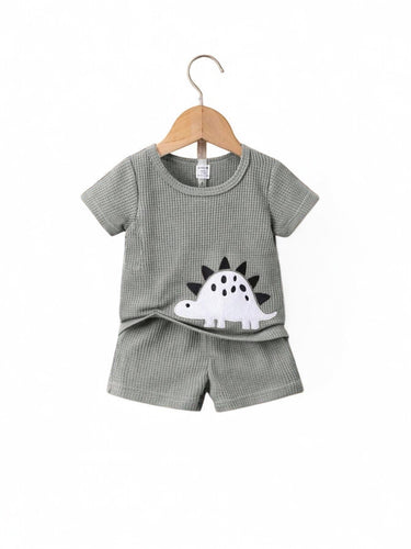 Grey Dino embroidery waffle knit boy baby set