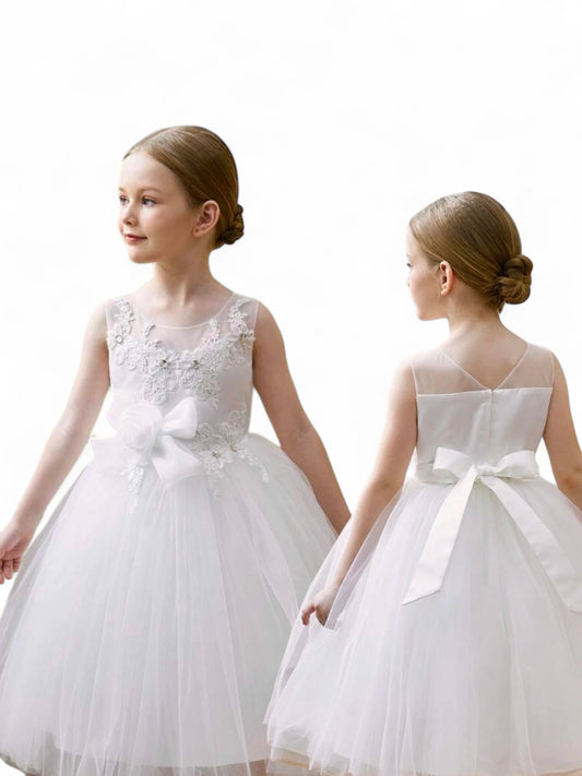 White dress with rose bow on the side girls formal dress 2k5