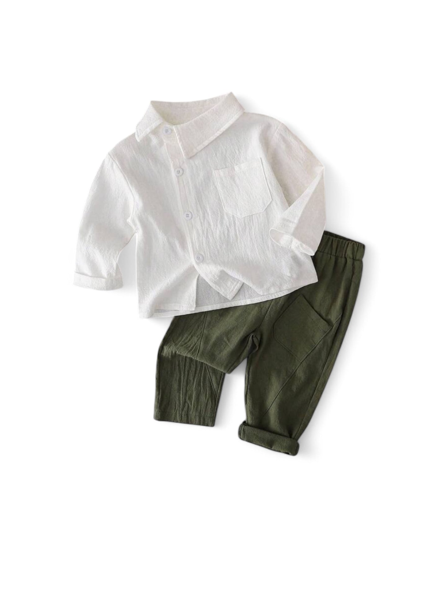 White long sleeve shirt with green long pants baby set