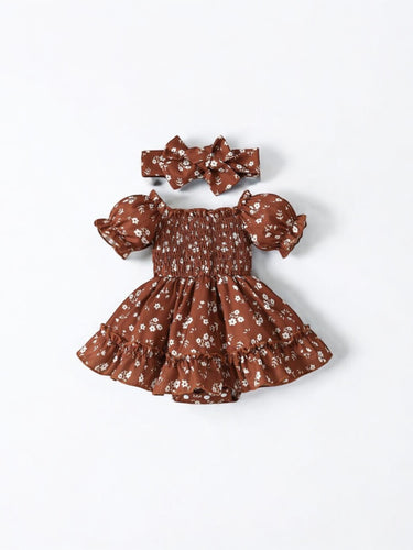 Brown floral baby dress romper with headband