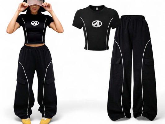 Pre teen girls black with white stripe track set