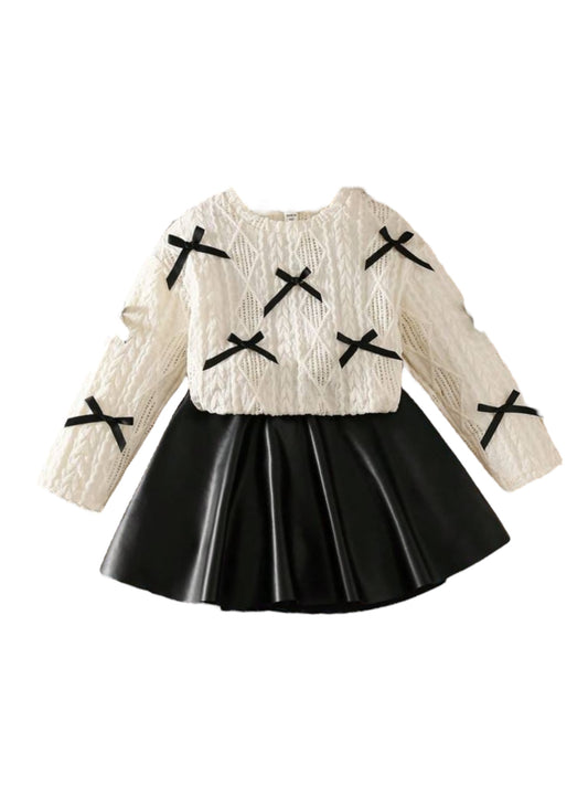 Black leather skirt with sweater bow top girls set