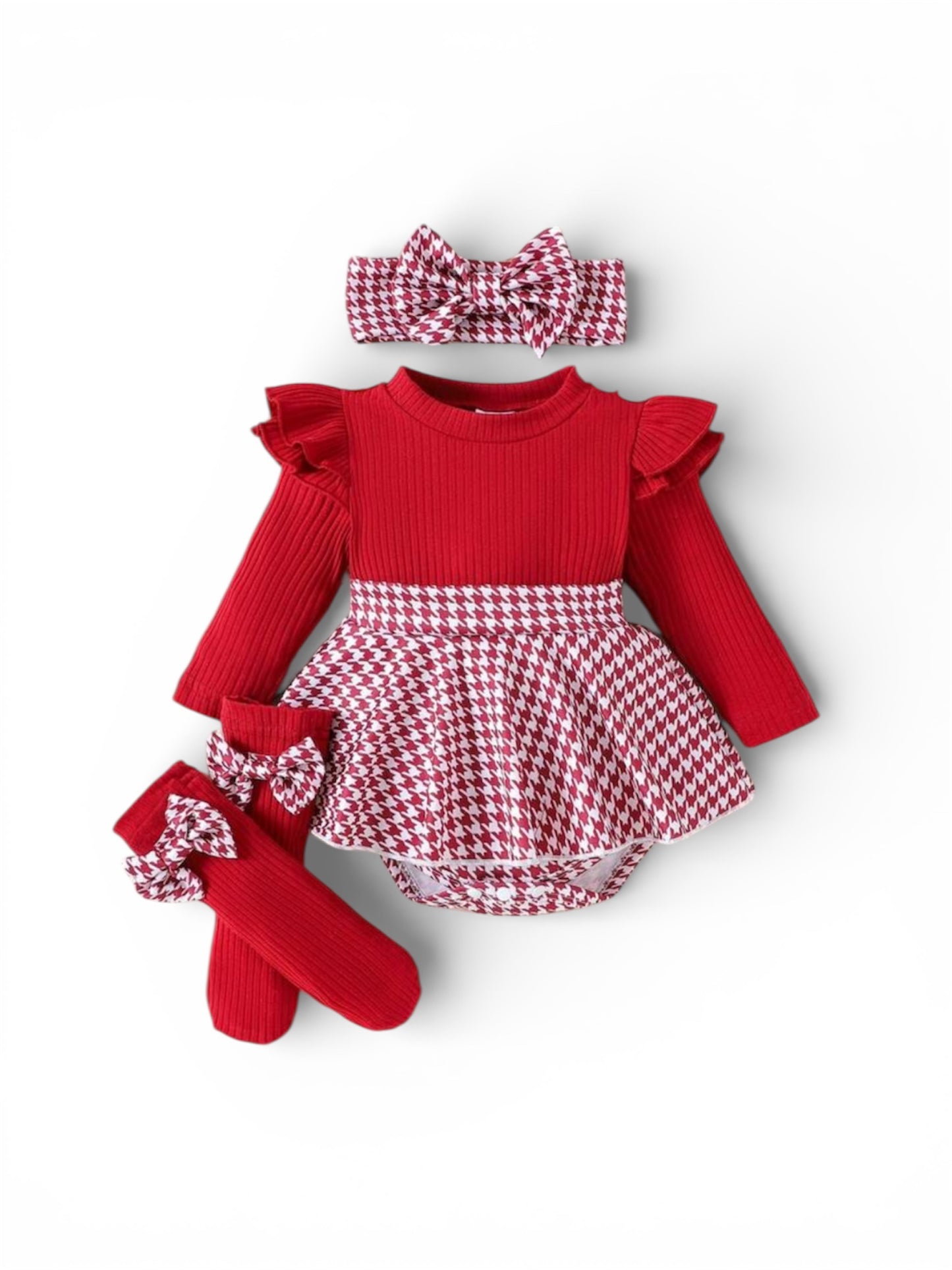 Red & white plaid romper baby set socks & headband included