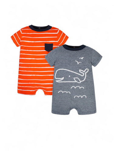 Whale& stripe baby boy  romper 2 pk