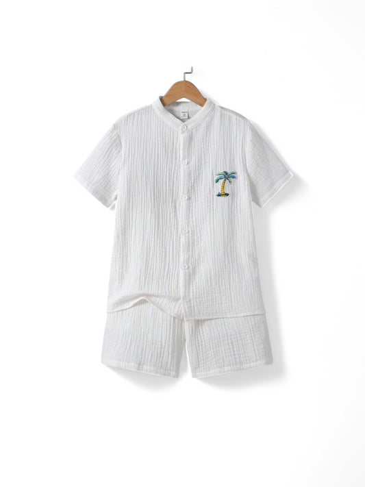 White shirt with palm tree logo and white shorts boys set