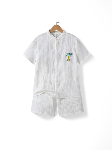 White shirt with palm tree logo and white shorts boys set