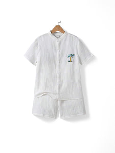 White shirt with palm tree logo and white shorts boys set