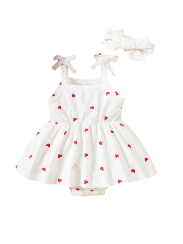 Heart print with headband baby dress romper