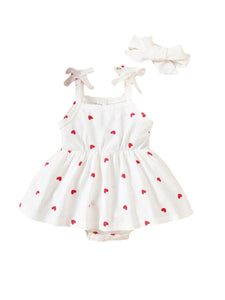 Heart print with headband baby dress romper