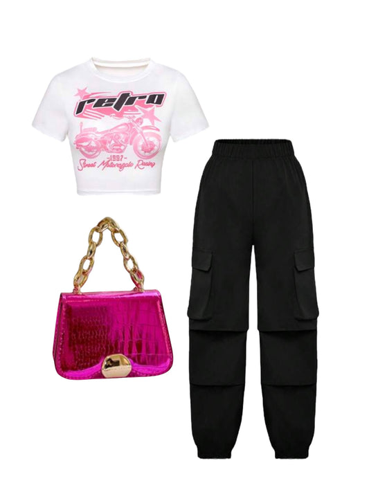 Retro pre teen girl crop top and chino pants girl set