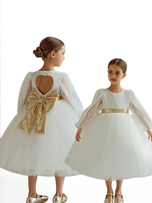 Girl formal white long sleeve dress with gold bow at the back 2k5