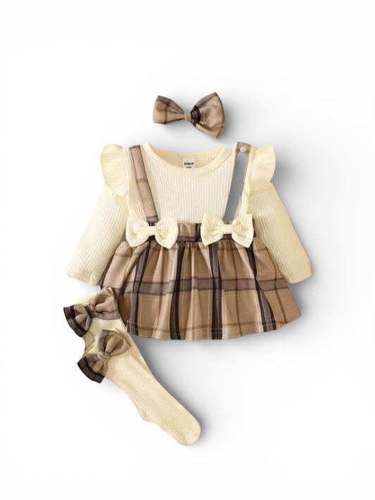 Brown plaid socks & headband baby romper set