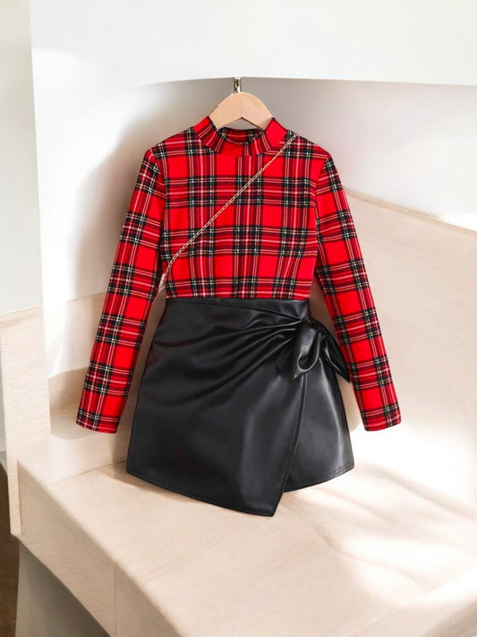Red plaid long sleeve top with black leather skirt girls set
