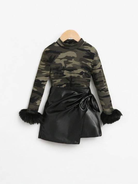 Camouflage 2pc girls set leader skirt with long sleeve camouflage top