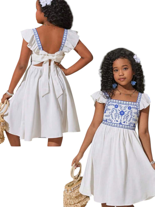 Bohemian white with blue lining girl dress