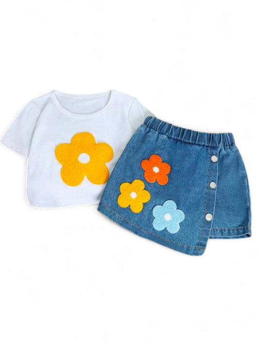 Flowers print denim skirt with white top girls set