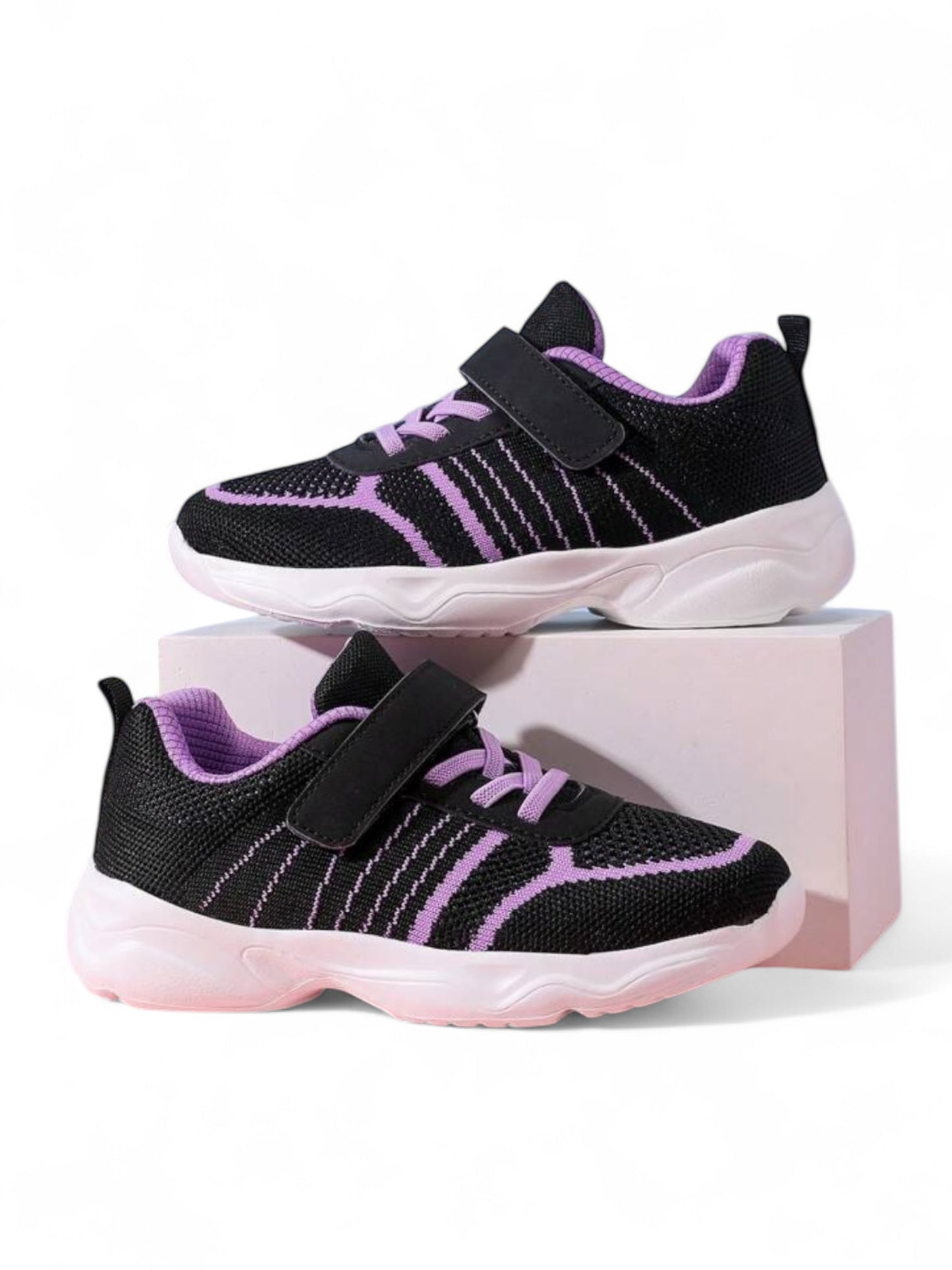 Purple & black Velcro strap with lace girl sneakers