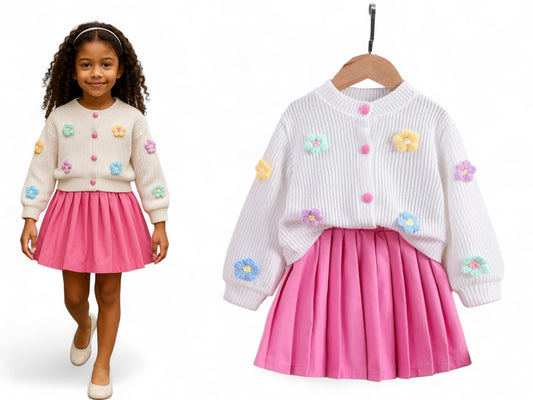 Girl floral sweater and pleated pink skirt set