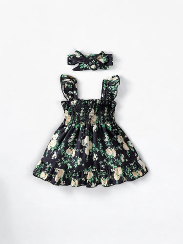 Green floral black baby dress with headband