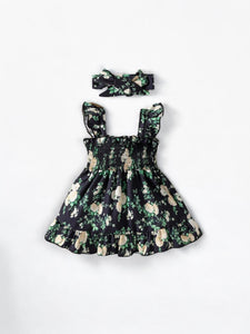 Green floral black baby dress with headband