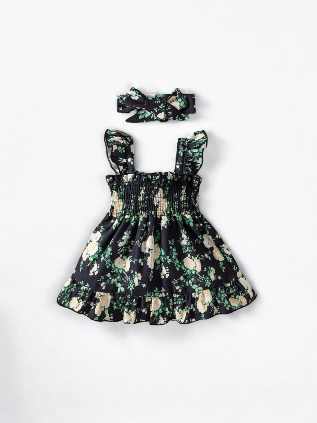 Green floral black baby dress with headband