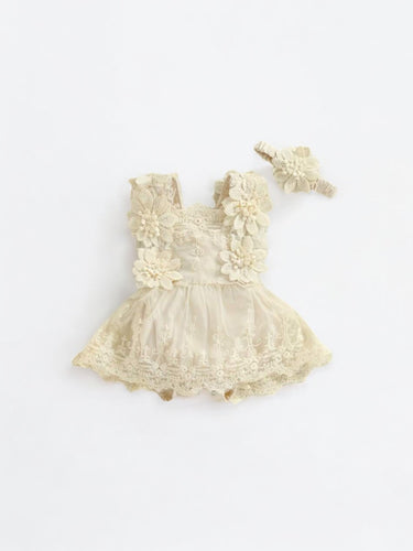 Beige floral 2pc romper baby set