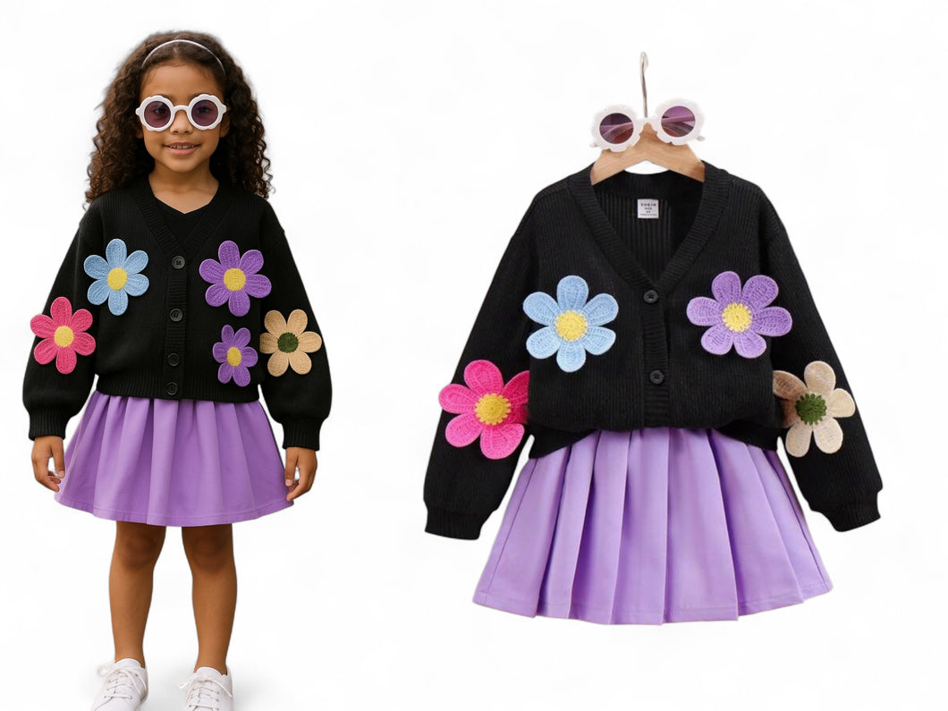 Flower sweater & purple skirt girls set