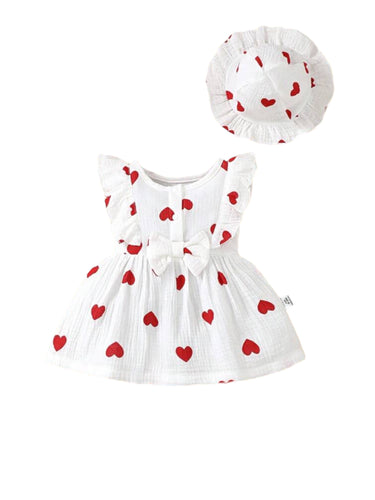 White with heart print baby dress &hat
