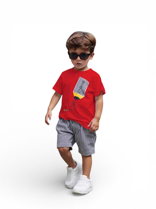 Boy red shirt with pencil graphic t with stripe short p  as bra boys 2pc set